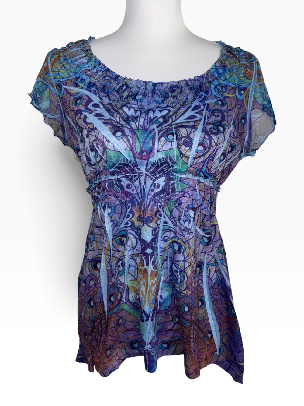One World Live & Let Live Top Medium Purple Blue Sheer Mesh Paisley Boho Y2K